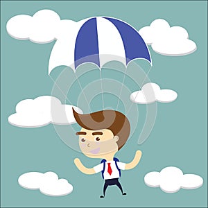 Businessman falling sky with blue parachute