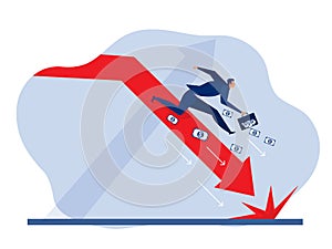 Businessman falls down and the arrow is red chart. Cartoon character style vectorv illustrator