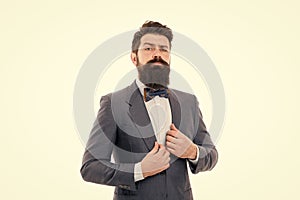 Businessman fashionable outfit isolated white. Man bearded hipster wear classic suit outfit. Formal outfit. Take good
