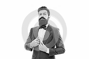 Businessman fashionable outfit isolated white. Man bearded hipster wear classic suit outfit. Formal outfit. Take good