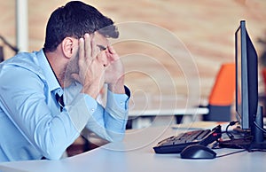 Businessman feeling headache while doing distance work in coffee shop tired with failure of plans