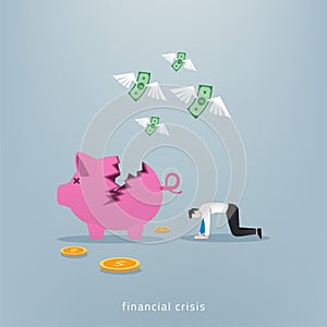 Businessman feels down and depressed with piggy bank and money concept. Financial crisis symbol vector illustration