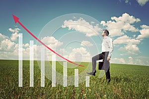 Businessman in the field rises on the chart with red arrow up