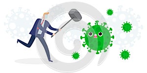 Businessman fight with coronavirus 2019-nCoV, cartoon character man and woman attack COVID-19 ,people and Protection Against