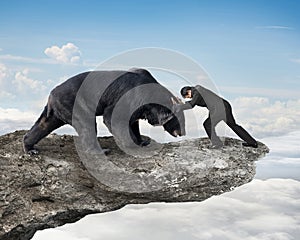 Businessman fighting against black bear on cliff with sky clouds