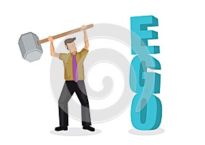 Businessman fighting his own ego by destroying a 3d text of ego block when finding a way to success