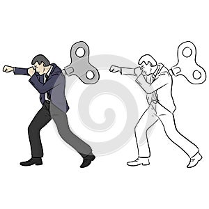 Businessman fighting with windup on his back vector illustration sketch doodle hand drawn with black lines isolated on white