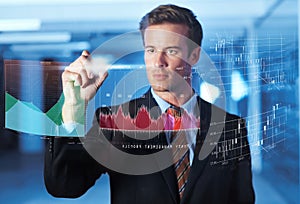 Businessman, finance and hologram of digital interface of analytics for corporate company, profit growth and data