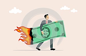 Businessman financial crisis concept, money burned, vector illustration