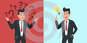 Businessman find idea. Confused business worker wonders and finds solution or solved problem cartoon vector illustration
