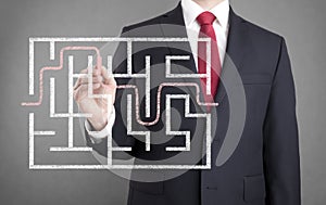 Businessman finding the solution of a maze