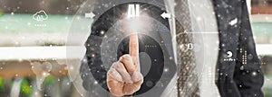 Businessman finger pointing AI virtual interface showing with data and algorithms database Concept Artificial intelligence machine