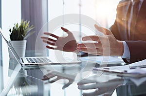 businessman finger typing on computer keyboard in office