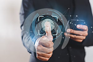 Businessman fingerprint digital scanner. security electronic password code. thumbprint sensor