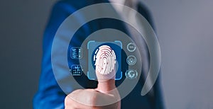 Businessman Fingerprint scanning and biometric authentication, cybersecurity and fingerprint password, future technology and