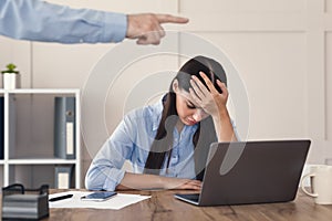 Businessman Firing Unhappy Employee Girl Pointing Finger At Office Door