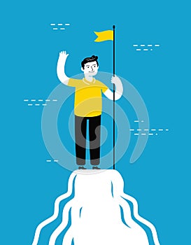 Businessman with flag on mountain peak. Business success concept vector illustration