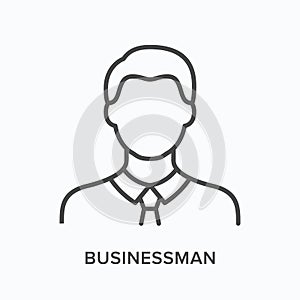 Businessman flat line icon. Vector outline illustration of male with tie. Black thin linear pictogram employee person