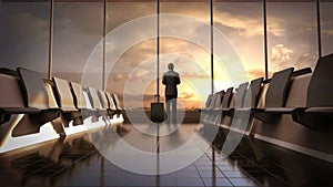 Businessman in flight waiting hall. Departure airplane in sunset. moving camera.