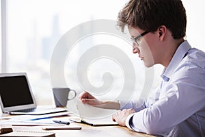 Businessman flipping through journal