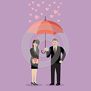 Businessman flirt with a woman under an umbrella