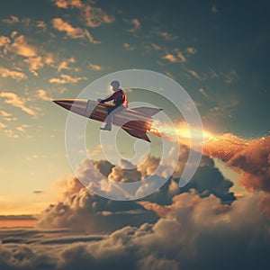 Businessman fly high with a rocket. concept of success and startup. Generative AI