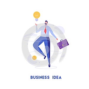 Businessman fly with lamp and brief-bag. Concept of business idea, creativity, innovation, modern trends, improvement, way to get