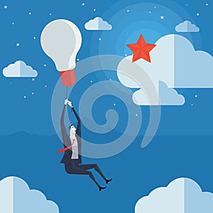 Businessman flying in air balloon with light bulb.