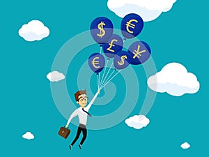 Businessman flying on balloons with currency symbols