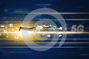 Businessman flying on binary code with 5G symbol