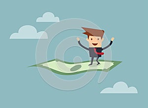 Businessman flying on a dollar bill concept of financial freedom