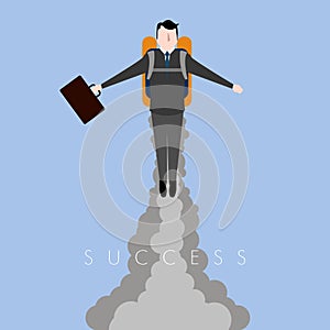 Businessman flying with a jetpack. Success