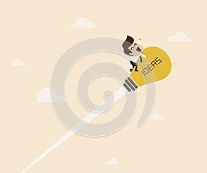 Businessman are flying with lightbulb idea rocket