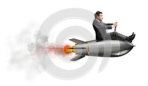 Businessman flying over a rocket. concept of company startup