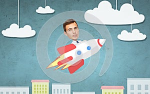 Businessman flying on rocket above cartoon city