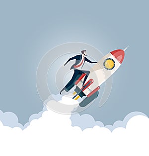 Businessman flying on a rocket, Business startup concept