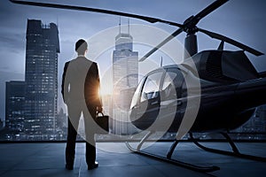 Businessman in formal attire by helicopter facing city at dawn, expressing ambition and possibility photo