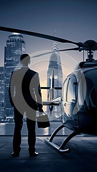 Businessman in formal attire by helicopter facing city at dawn, expressing ambition and possibility photo