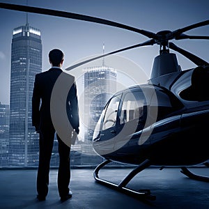 Businessman in formal attire by helicopter facing city at dawn, expressing ambition and possibility photo