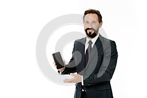 Businessman formal suit holds smartphone. Man bearded businessman glad announce new version update application. Check