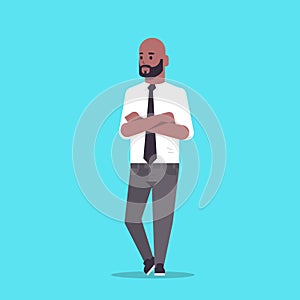 Businessman in formal wear folded hands standing pose smiling male cartoon character african american business man