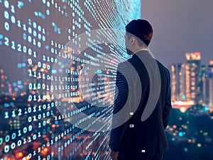 Businessman in front of digital binary code