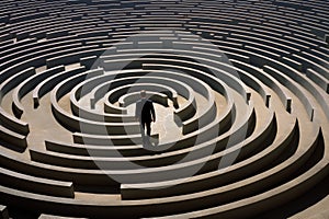 businessman in front of a round maze in the middle of it, A businessman walking in a labyrinth maze, AI Generated