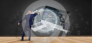 Businessman in front of a wall with Quantum computing concept with qubit and devices 3d rendering