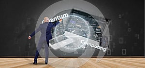 Businessman in front of a wall with Quantum computing concept with qubit and devices 3d rendering photo