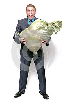 Businessman with garbage trash bag.