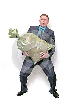 Businessman with garbage trash bag.