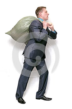 Businessman with garbage trash bag.