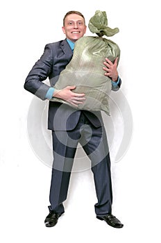 Businessman with garbage trash bag.