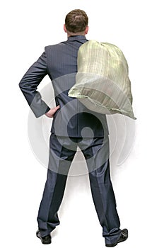 Businessman with garbage trash bag.